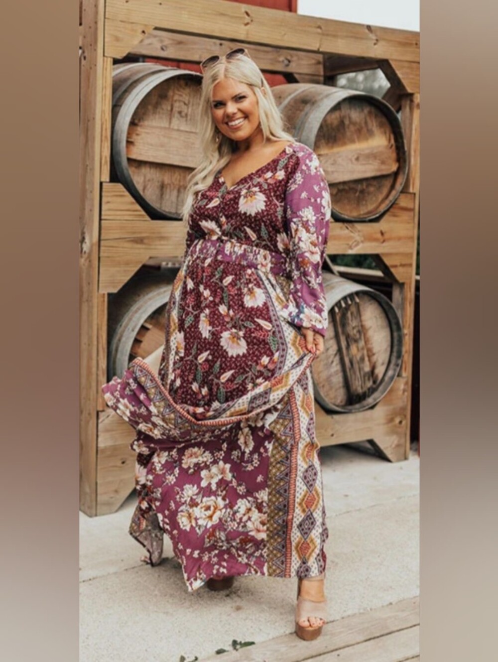 ODDY Mauve Floral & Border Print Long-Sleeve Maxi Dress